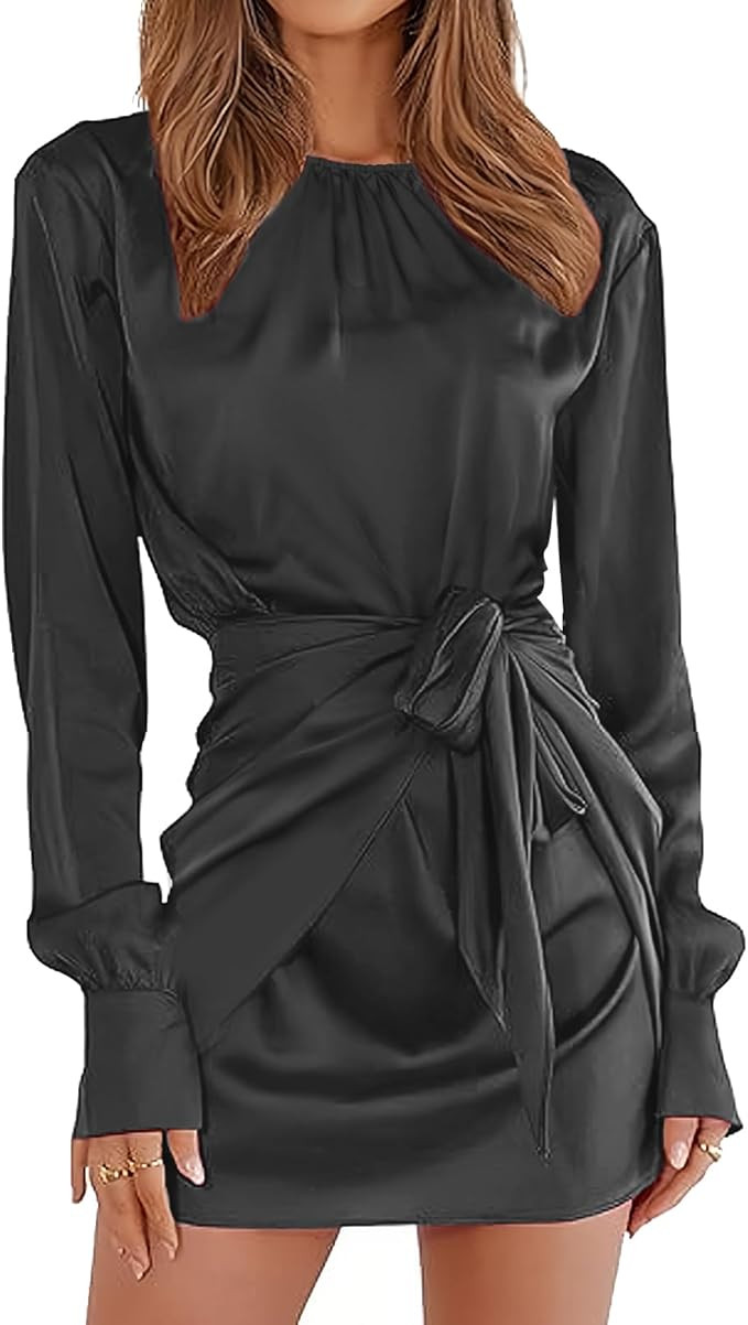 G&Y Women's Satin Tie Waist Mini Dresses - Long Sleeve Solid Party Short Dresses | Amazon (US)