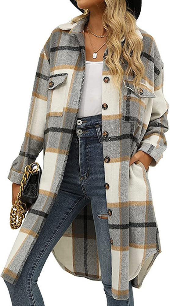 Ainangua Women's Casual Wool Blend Long Plaid Shirt Jacket Button Down Pocketed Shirt Shacket | Amazon (US)