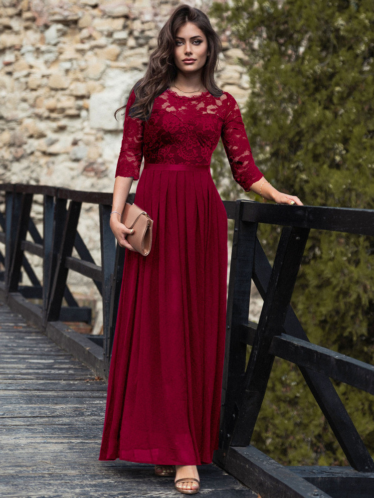 MIUSOL Floral Lace Bodice Ribbon Waist Pleated Prom Dress | SHEIN