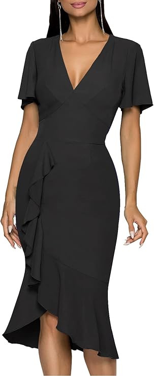 CHICCLOTH Women Deep V Neck Ruffle Sleeve Bodycon Evening Cocktail Party Midi Dresses | Amazon (US)