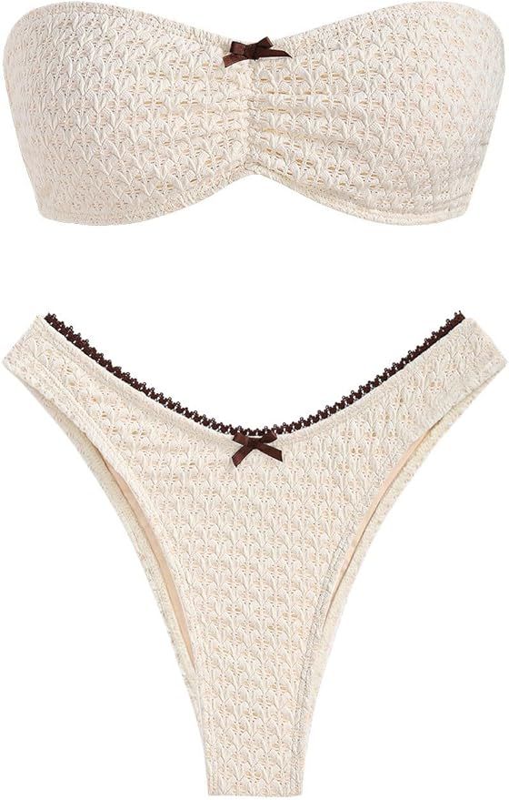 ZAFUL Women's Strapless Bikini Openwork Textured Bow Ruched Lace Up High Cut Bandeau Swimsuit Bat... | Amazon (US)
