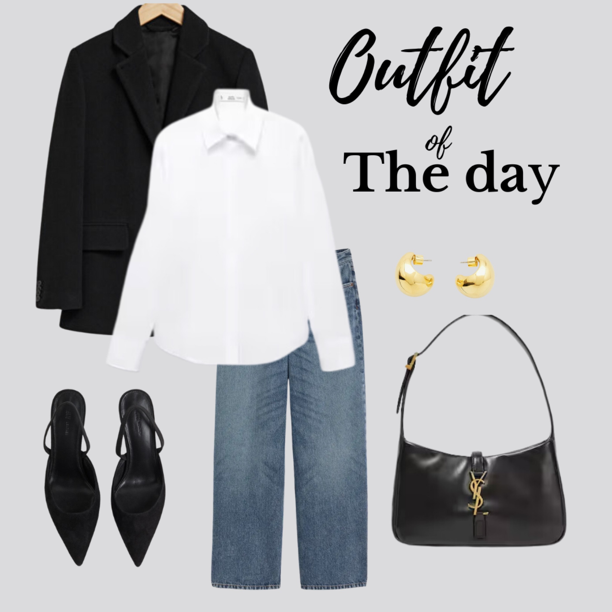 Spring Workwear outfit, white button down, sling back heels, should bag, black blazer,blue denims, gold earrings 

#LTKstyletip #LTKU #LTKworkwear