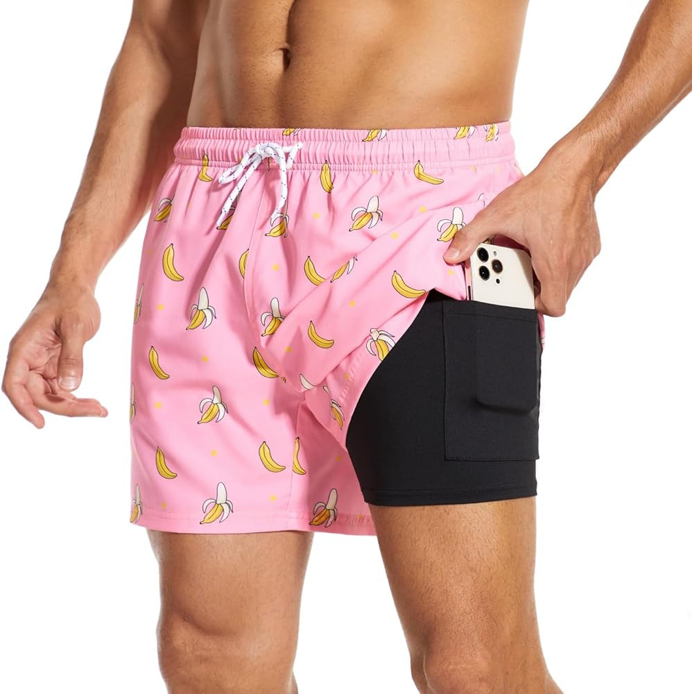 Mens Swim Trunks 5.5 inch with Compression Liner Zipper Pockets,Quick Dry Swimsuit Trunks Funny B... | Amazon (US)