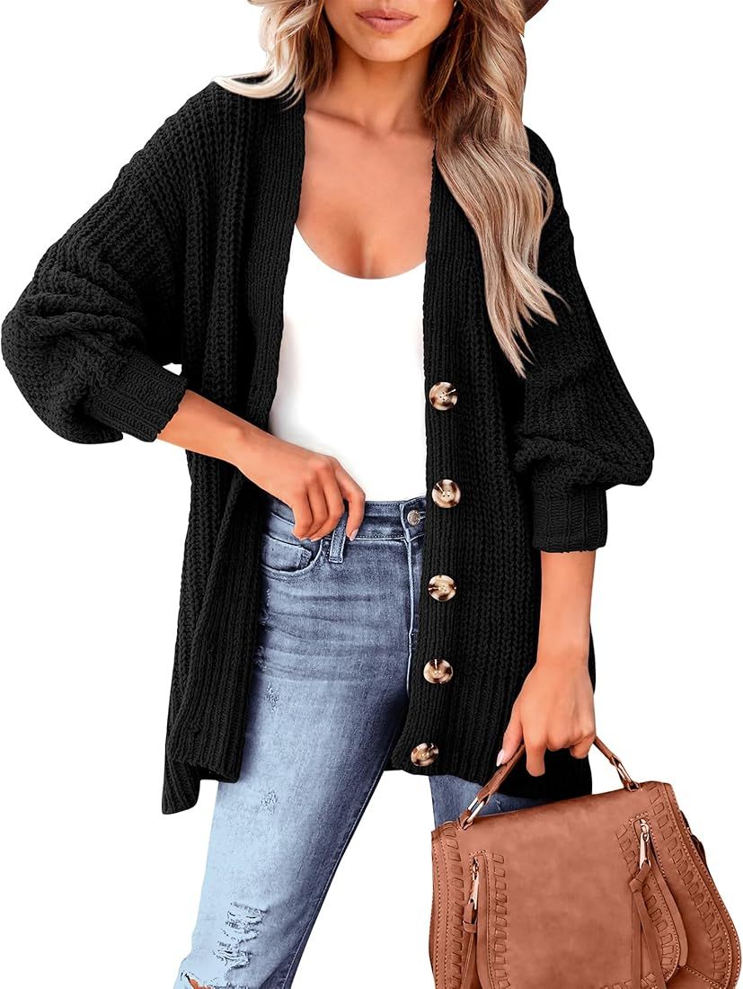 BTFBM Women's Button Down Cardigan Coat Long Sleeve Fall Winter Clothes Loose Chunky Knit Open Fr... | Amazon (US)