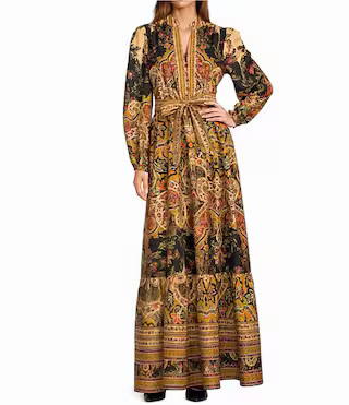 A Loves A Paisley Print Woven Mandarian Collar V-Neck Long Balloon Sleeve Tiered A-Line Flounce M... | Dillard's