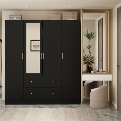 Famapy Modern Black Wardrobe with Mirror Closet Organization Armoire: Sturdy Rails, Smooth Drawers – Practical & Stylish | Target