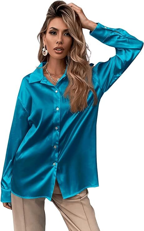 SOLY HUX Women's Satin Silk Long Sleeve Button Down Shirt Formal Work Blouse Top | Amazon (US)