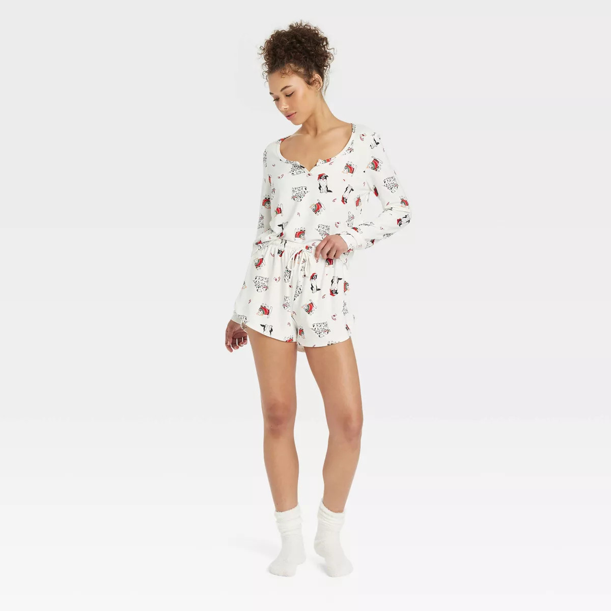 Women's 3pc Long Sleeve Shirt and Shorts with Socks Pajama Set - Colsie™ White Dogs M | Target
