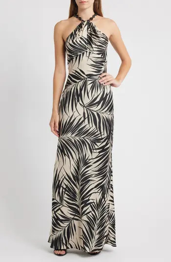 Vince Camuto Bead Detail Palm Print Satin Sheath Gown | Nordstrom | Nordstrom