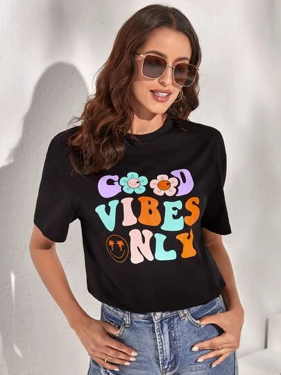 SHEIN EZwear Floral & Slogan Graphic Drop Shoulder Tee | SHEIN