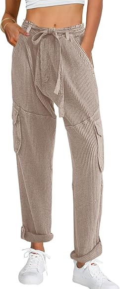 SENSERISE Womens Casual Waffle Knit Cargo Pants Baggy Relaxed Fit Pants Streetwear Trouser with P... | Amazon (US)