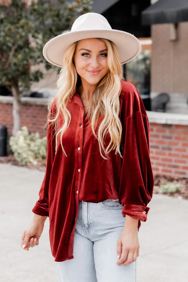 Keep It Up Cinnamon Velvet Button Front Blouse | Pink Lily