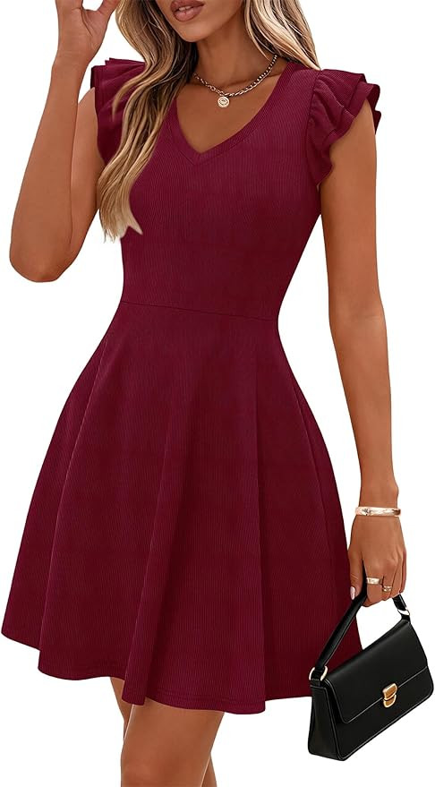 Lazysmile Summer Dresses for Women Ruffle Short Sleeve V Neck A Line Swing Ribbed Knit Casual Min... | Amazon (US)