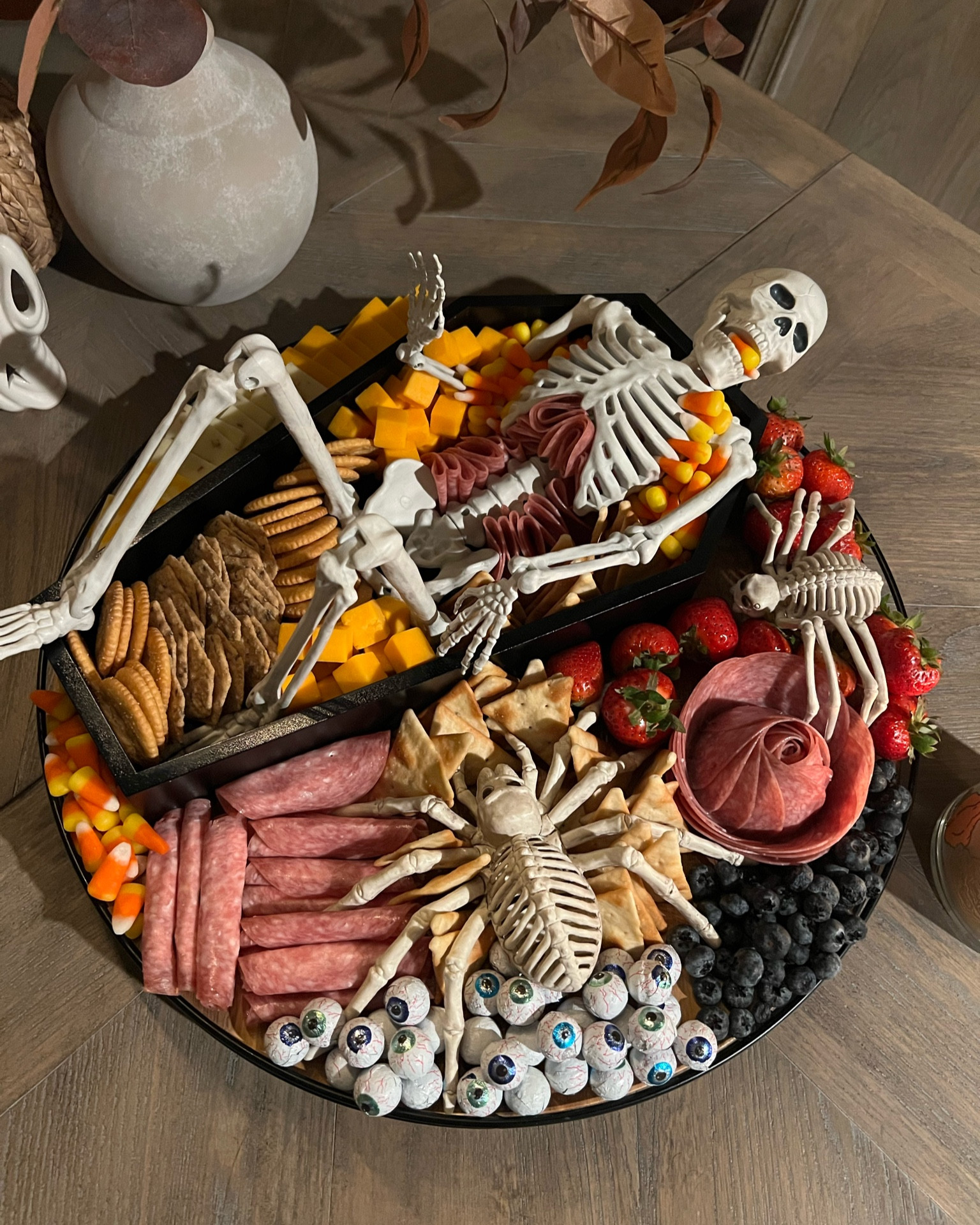 Skeleton charcuterie platter 💀👻🕷️ 
Halloween party. Skeleton food platter. Charcuterie board. Halloween food. Halloween party ideas. Food board. Salami rose. Spider charcuterie. Spooky season. Halloween 2023. Halloween ideas. 

#LTKSeasonal #LTKHalloween