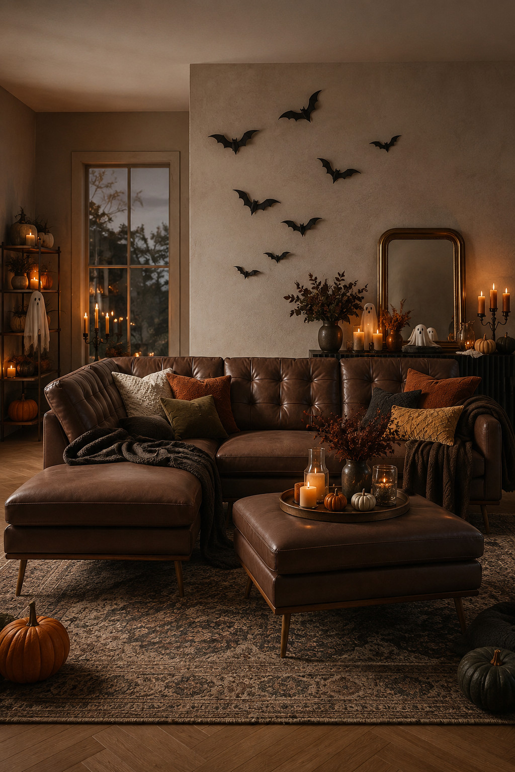 This brown leather sectional + moody Halloween decor combo is giving ALL the cozy fall vibes 🎃🕯️ The warm leather, rust pillows, pumpkins, glowing candles, bats, and little ghost details make this room feel so rich and cozy. #LTKHome #LeatherSofa #HalloweenDecor #FallLivingRoom #SpookySeason #FallHome #CozyHome #SectionalSofa #PumpkinDecor #HalloweenInspo #MoodyHome #AutumnDecor #LivingRoomGoals #FallDecorIdeas 

 #LTKSeasonal #LTKHome #LTKSaleAlert