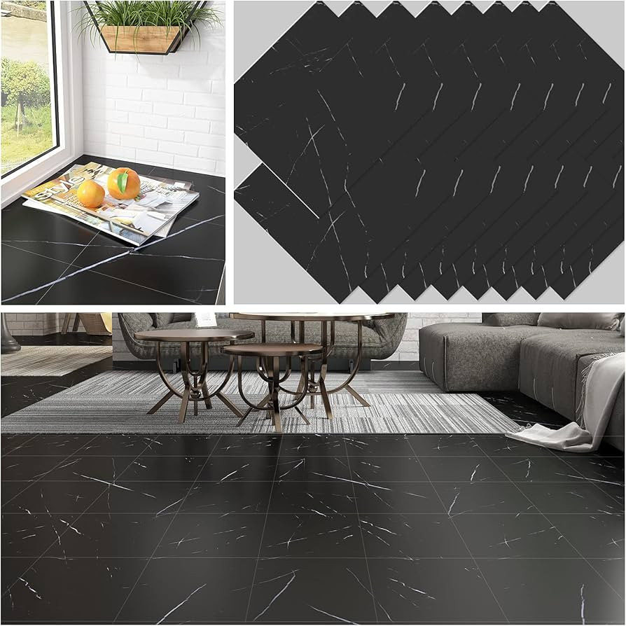 CHICHOME 12x12 Inch Black Marble Floor Tile Peel and Stick Bathroom Floor Tiles Waterproof Self A... | Amazon (US)