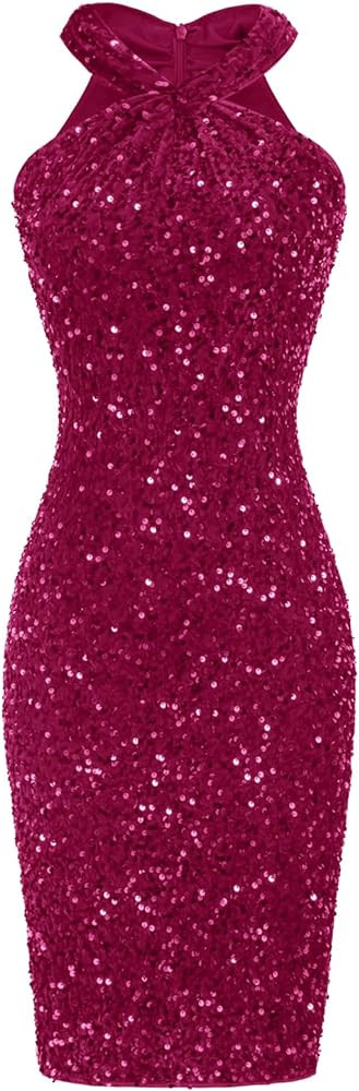 GRACE KARIN Sequin Dress for Women Sleeveless Sparkly Glitter Halter Dress Bodycon Mini Club Dres... | Amazon (US)