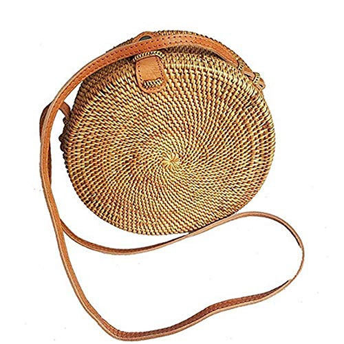 Kbinter Handwoven Round Rattan Straw Bag for Women Shoulder Leather Button Straps Natural Chic Handmade Boho Bag Bali Purse (1 Pack) | Amazon (US)