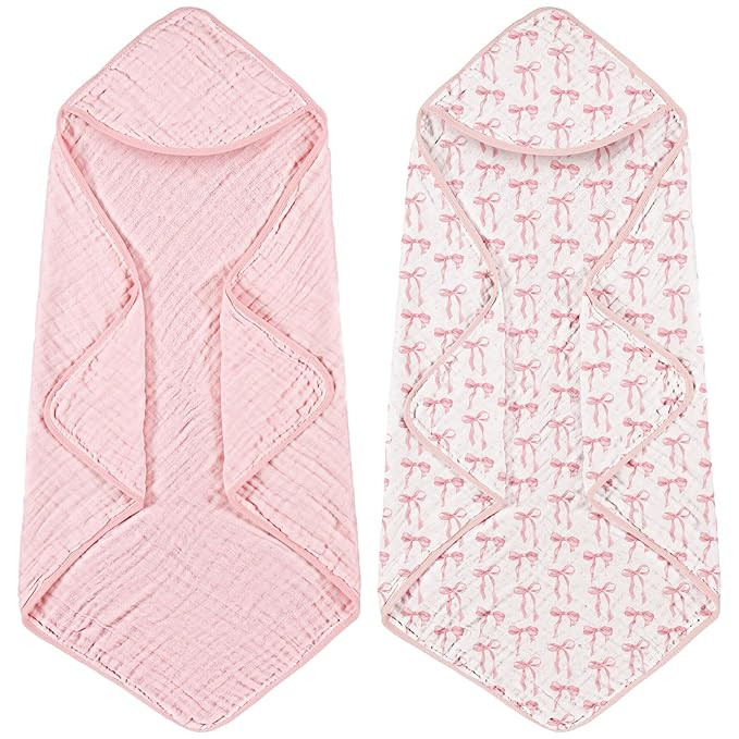 2 Pack Pink Bow Baby Towels for Newborn 100% Muslin Cotton Baby Bath Towel with Hood for Babies, ... | Amazon (US)