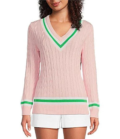 Lilly Pulitzer Brockton Cable Knit V-Neck Long Sleeve Stripe Detail Sweater - L | Dillard's