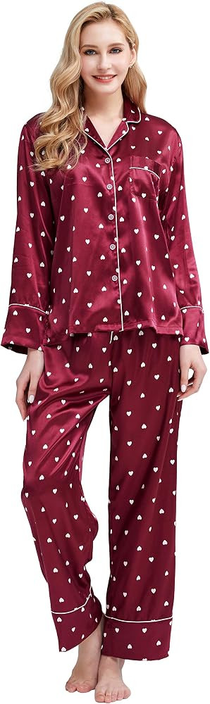 Women's Silky Satin Pajamas Button Down Long Sleeve Sleepwear PJ Set Loungewear | Amazon (US)