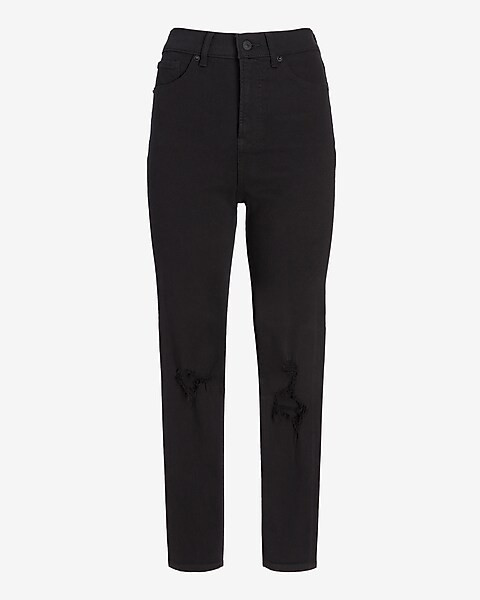 Super High Waisted Black Ripped Mom Jeans | Express