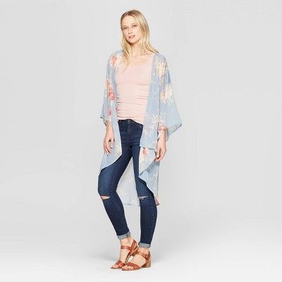 Women's Floral Print Midi Length Sheer Floral Kimono Jacket - Xhilaration™ Light Blue | Target