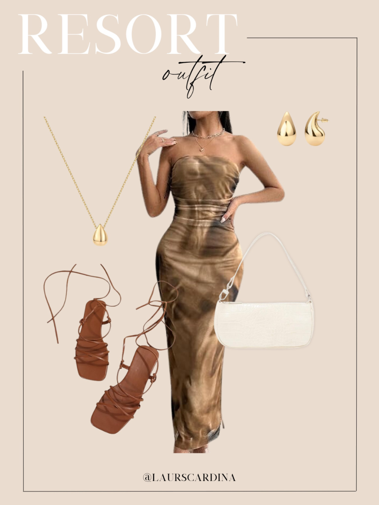 This resort outfit includes a strapless dress paired with strappy brown sandals, teardrop earrings and a matching teardrop necklace, and an off white shoulder bag.

Resort wear, date night, wedding guest dress, summer outfits

#LTKStyleTip #LTKShoeCrush #LTKFindsUnder50