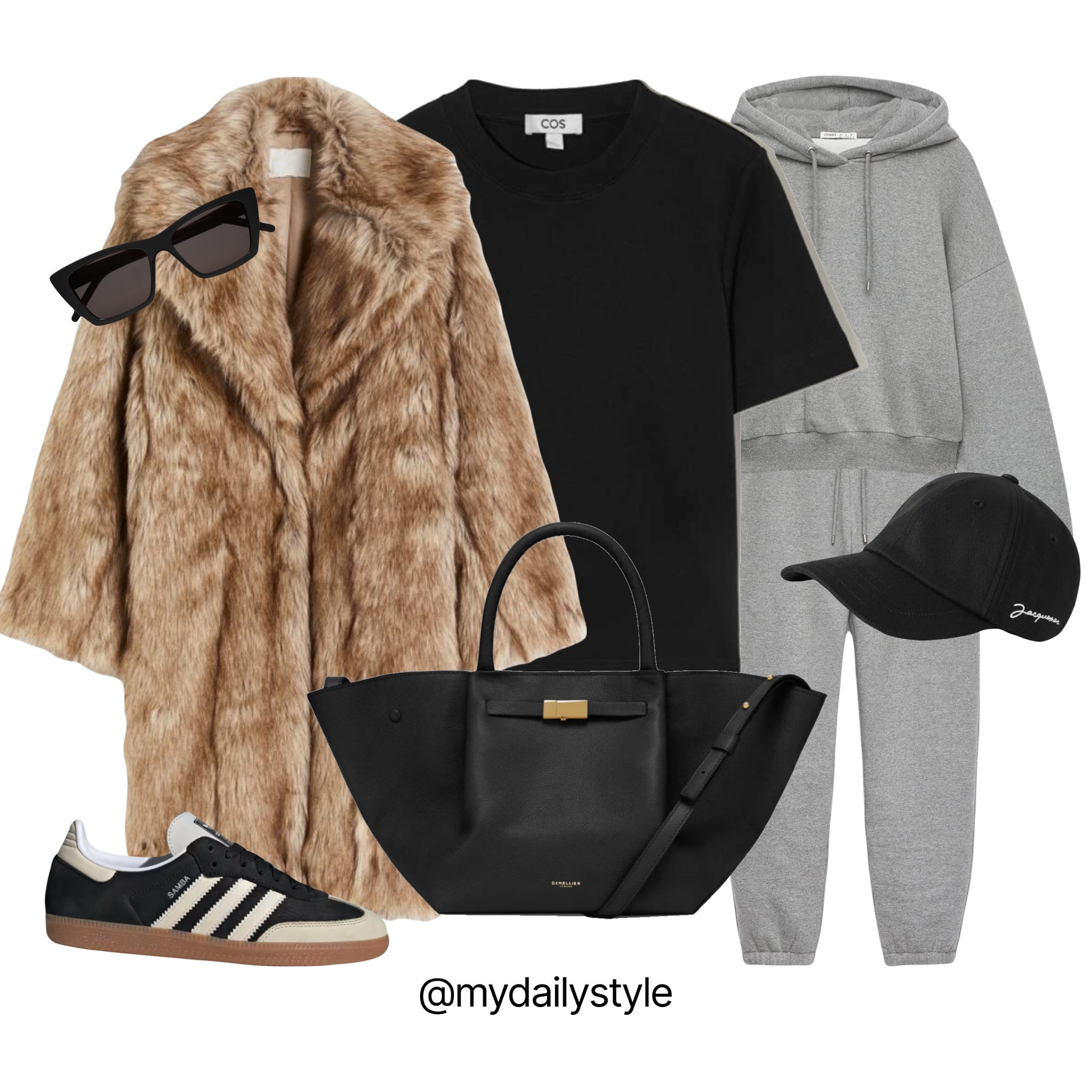 Sporty & warm winter fluffy coat outfit 🖤 H&M long faux fur coat, grey sweatshirt/hoodie/neck pullover, sweatpants, black cotton t-shirt, Saint Laurent cat-eye sunglasses, Jacquemus baseball cap, The Midi New York DeMellier day bag, fine ribbed wool socks, Adidas Samba shoes.

#LTKshoecrush #LTKSeasonal #LTKitbag