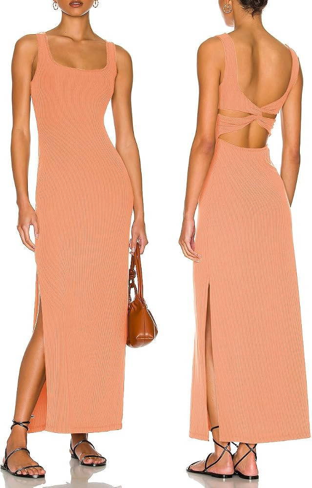 Features: Women Mara Dress, high sides slit, scoop neck, sleeveless, open criss cross back, ankle... | Amazon (US)