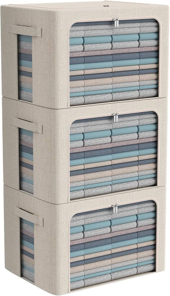 CYhom 3Pack Foldable Storage Bins - Frame Storage Box Linen Fabric Stackable Clothes Container Or... | Amazon (US)