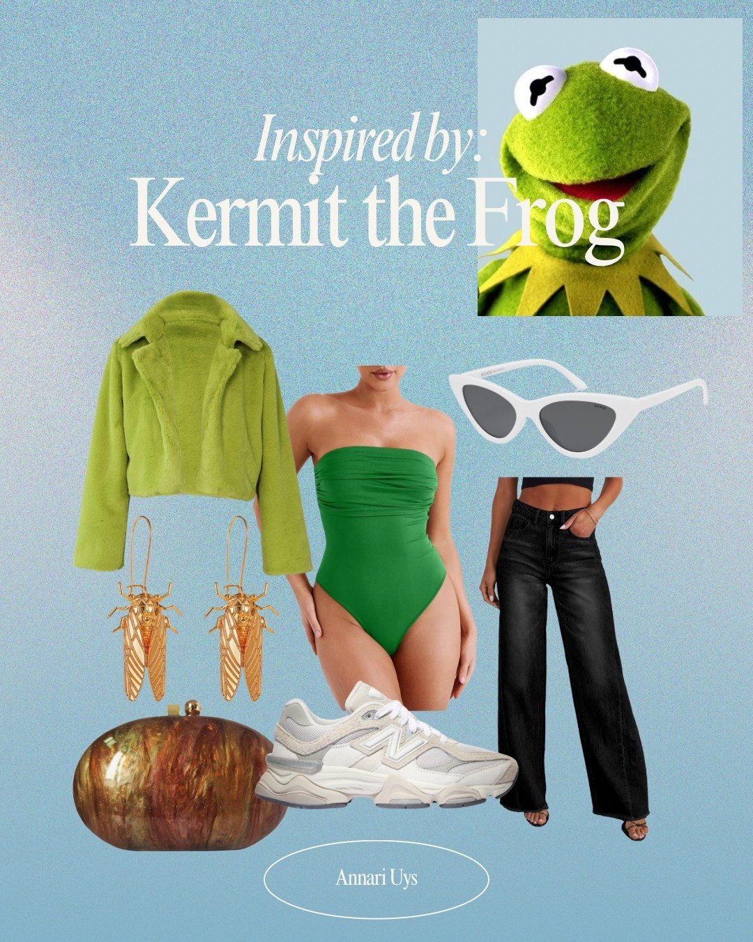 Inspired by: Kermit the frog 

Kermit’s style mantra might as well be: Keep it simple, keep it green, and let the banjo do the talking.

#LTKParties #LTKFestival #LTKStyleTip