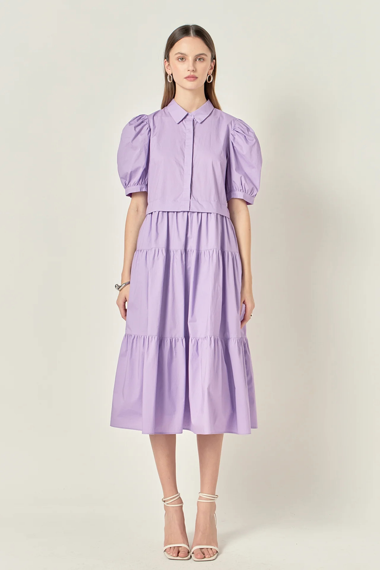 Button Closure Puff Sleeve Midi Dress | English Factory