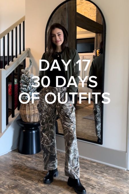 Day 17, 30 days of outfits | Camo cargo pants, long sleeve black tee, and olive green bomber jacket, black boots