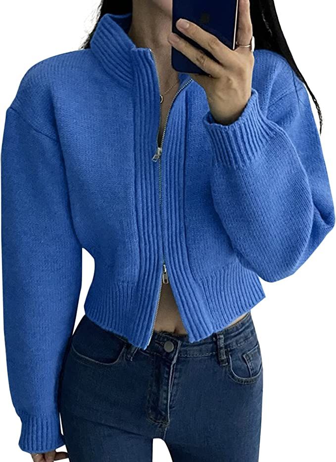 MISSACTIVER Women Casual Double Zippers Stand Collar Crop Sweater Cardigan Drop Shoulder Long Sle... | Amazon (US)