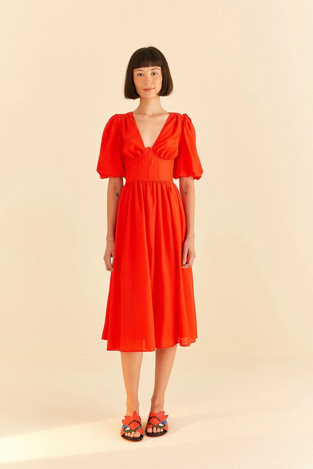 Red Short Sleeves Midi Dress | FarmRio