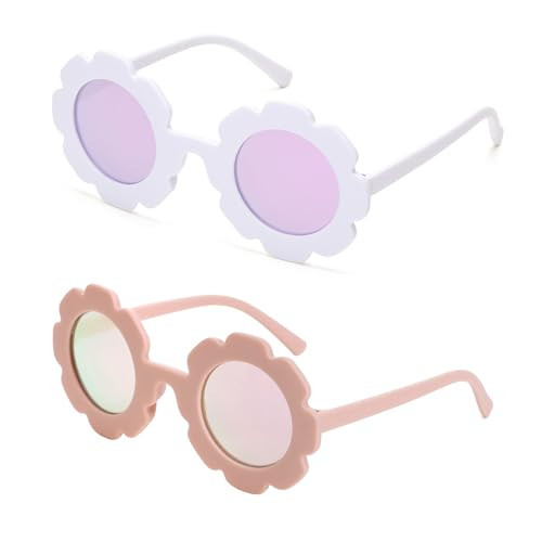TOSGMLOUS Round flower Sunglasses for Kids Girl Boys Matte Coloful Sunflower Shades Outdoors UV400 Protection Eyewear (Pink Mirror + White Purple Mirror) | Amazon (US)