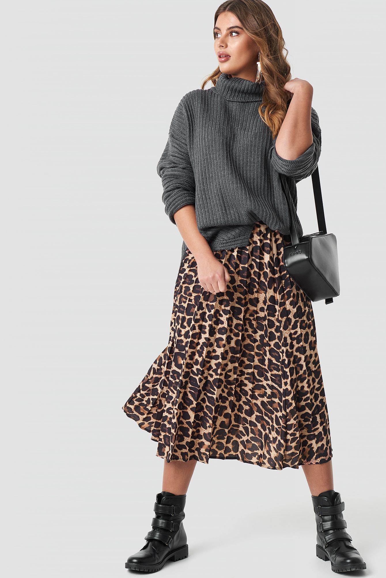 Trendyol Leopard Patterned Pleat Midi Skirt - Brown | NA-KD Global