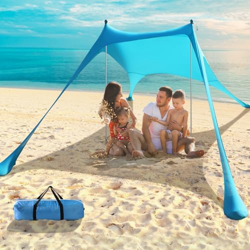 Beach Tent - 9.8 * 6.5 FT Beach Canopy, Portable Beach Tent Sun Shelter UPF50 with 4 Sandbags, 2 Stability Poles Ground Pegs and Anti-Wind Ropes, Outdoor Beach Shade Canopy for Camping, Sky Blue | Amazon (US)