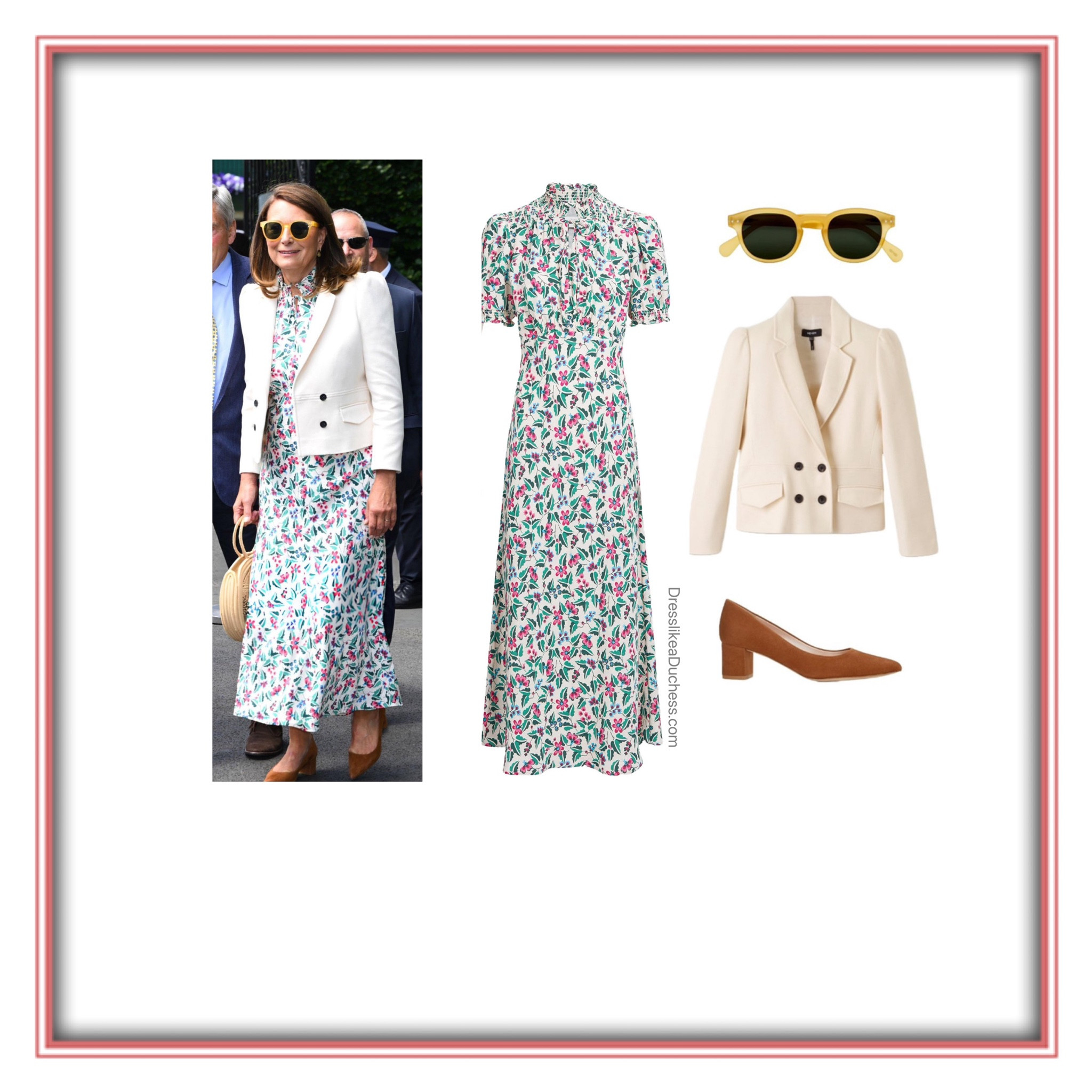 Carole Middleton wearing me+em cotton blazer in ecru, cefinn irina dress, Emmy London Josie heels, izipizi sunglasses in yellow honey 