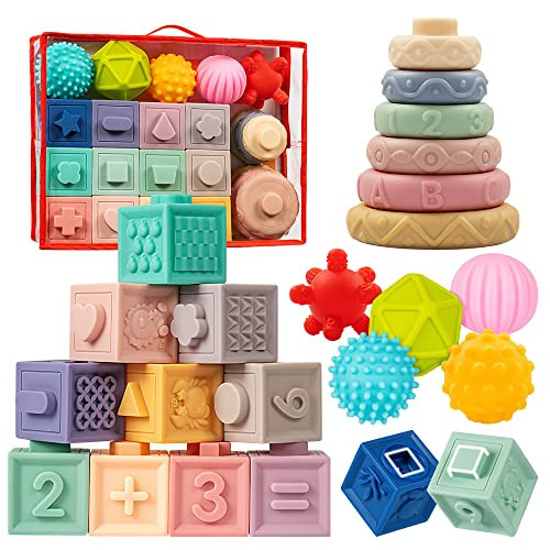 Jyusmile Baby Toys 6-12 Months, Montessori Toys for Babies 6-12 Months, Incl Stacking Building Blocks & Soft Infant Teething Toys & Sensory Balls for Toddlers 0-3-6-9-12 Months | Amazon (US)