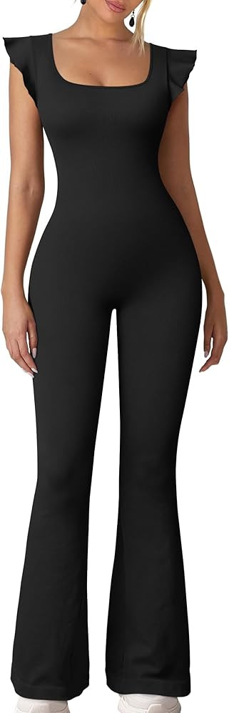 OQQ Monos para mujer con volantes, sin mangas, cuello cuadrado, acampanados, pantalones largos, r... | Amazon (US)