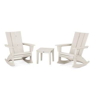 Modern Curveback Adirondack Rocking Chair Sand 3-Piece HDPE Plastic Patio Conversation Set | The Home Depot