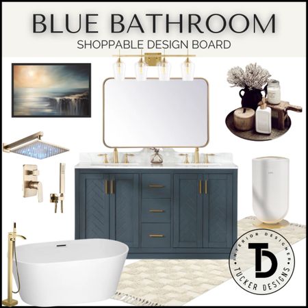 This thoughtfully designed bathroom, with its deep blue vanity and gold fixtures, will undoubtedly bring a touch of elegance to your home.

#bluebathroom #bluevanity #goldmirror #goldlight #oceanart #goldshower #bathtub #towelwarmer #bathroomtray #bathroomstyling #cozyhome

#LTKfindsunder100 #LTKhome #LTKfindsunder50