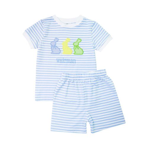 Blue Mini Stripe Knit Bunny Pajamas | Cecil and Lou