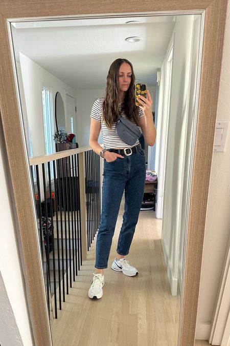Casual mom outfit. Baby tee and high rise jeans from Abercrombie, bag from Dagne Dover, white Nike sneakers - very easy to style and mix and match with my other pieces. Great outfit for a casual Friday office outfitt

#LTKworkwear #LTKSeasonal #LTKshoecrush