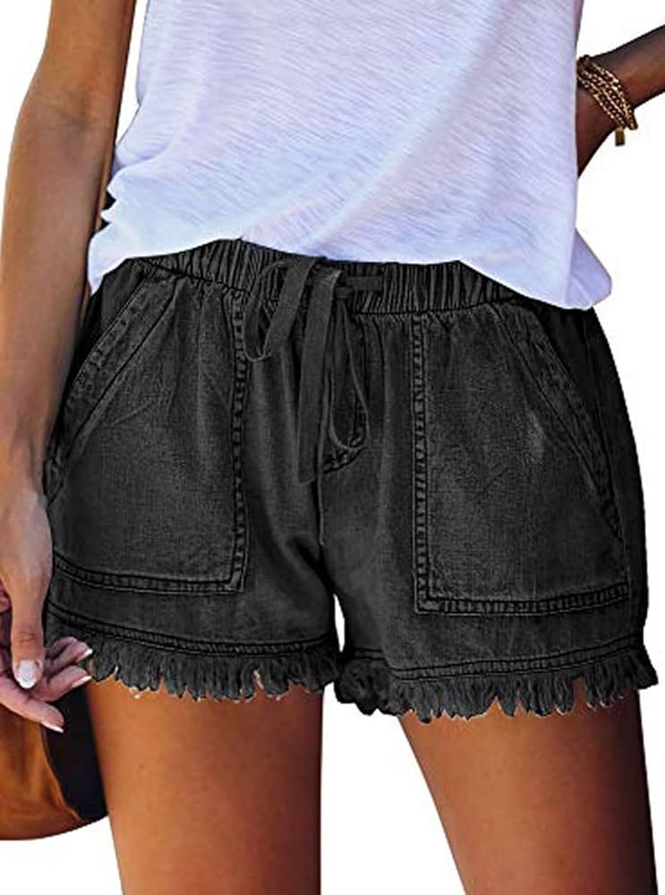 QACOHU Women's 2024 Casual Summer Denim Shorts Mid Waisted Stretchy Ripped Jean Shorts Casual Sho... | Amazon (US)
