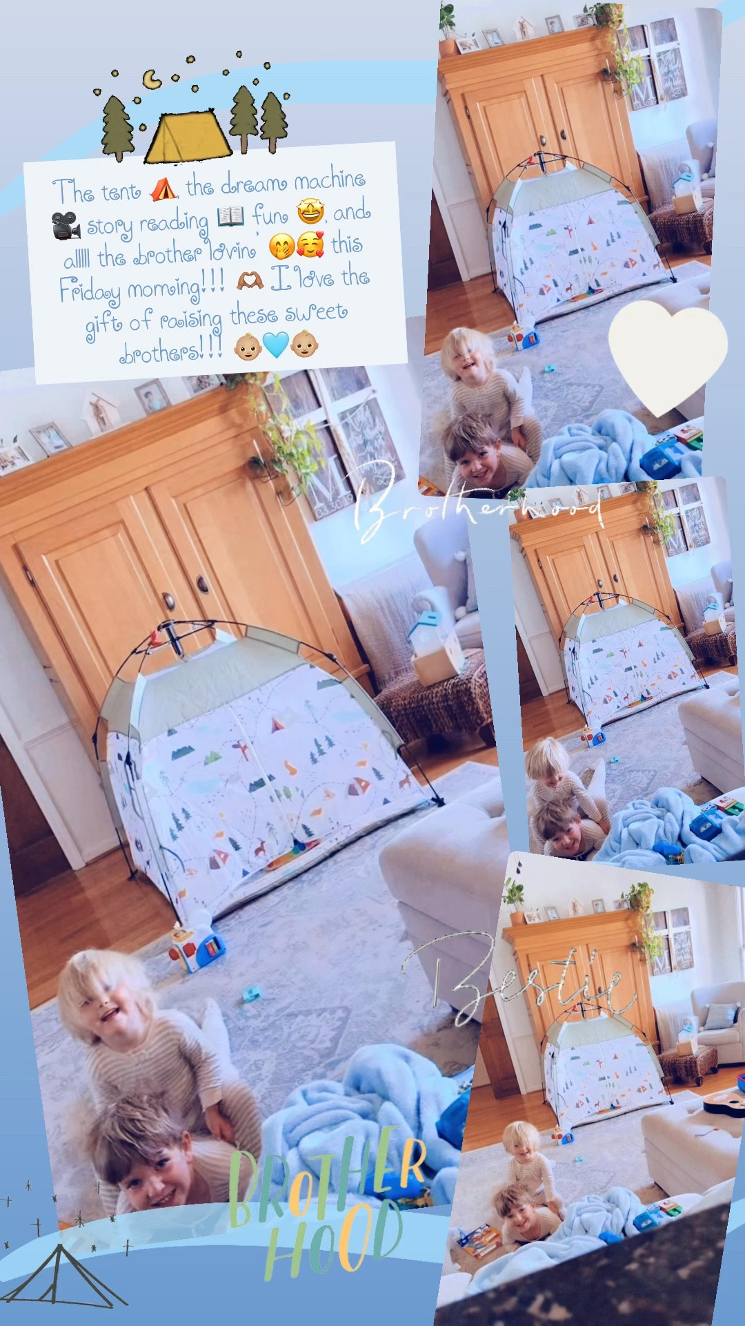 The tent ⛺️, the dream machine 🎥 story reading 📖 fun 🤩, and alllll the brother lovin’ 🤭🥰 this Friday morning!!! 🫶🏽 I love the gift of raising these sweet brothers!!! 👶🏼🩵👶🏼