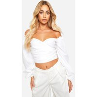 Womens Puff Sleeve Off The Shoulder Linen Crop - White - 12 | boohoo (US & Canada)
