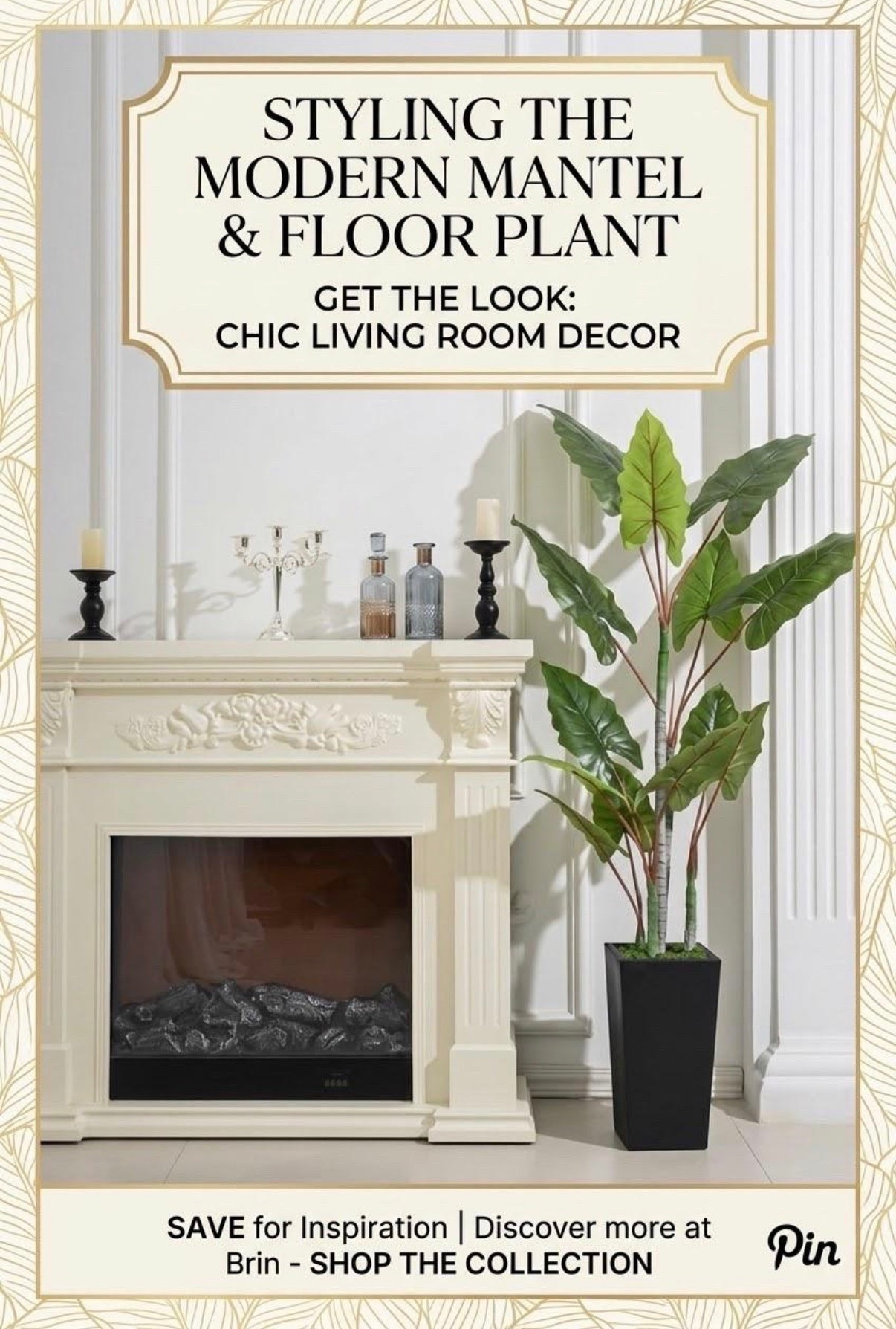 Transform your living space with a blend of classic elegance and natural vibes! Learn how to perfectly pair a decorative mantelpiece with bold faux greenery like this stunning artificial floor plant. Click through for more chic home decor inspiration. #HomeDecor #LivingRoomStyle #MantelDecor #FauxPlants #PinterestHome